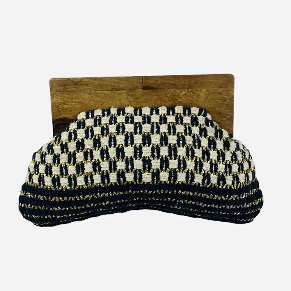 NWT World Market Navy Cream Gold Yarn Unique Clutch Purse Wood Handle Retro Boho